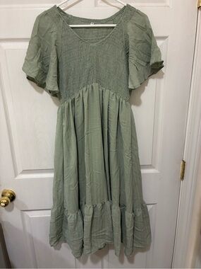 Light Sage Midi Dress with Smocked Bodice